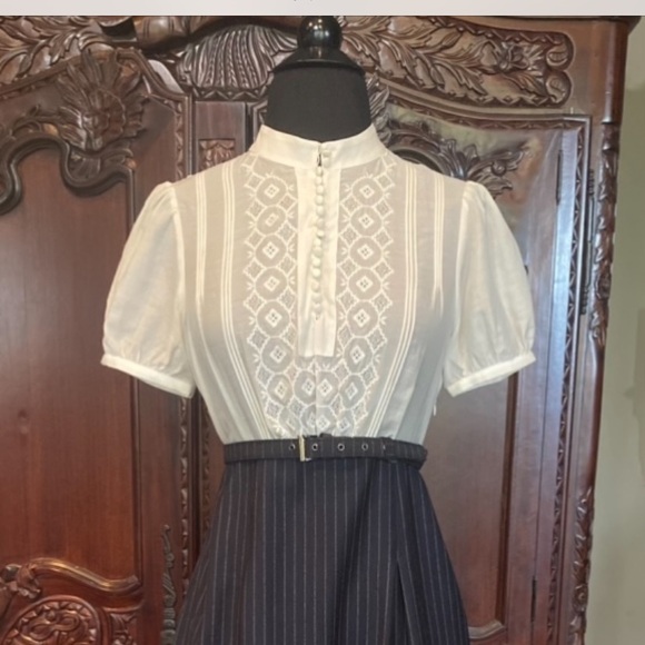 NWT BCBG MAXAZRIA WHITE BLOUSE/BLUE PINSTRIPE SKIRT DRESS, SIZE6 - Picture 3 of 11